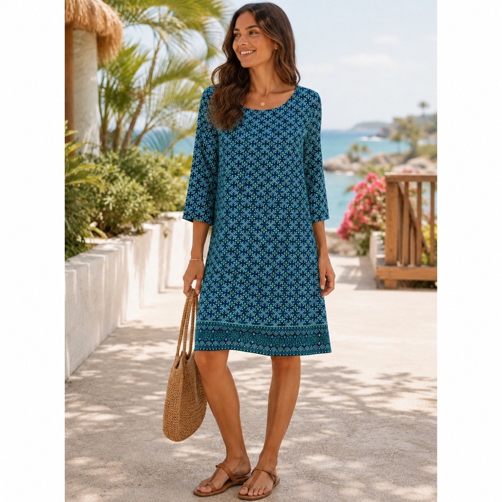 Lands' End Blue Green Geometric Floral 3/4 Sleeve Boatneck Cover Up Dress Size M